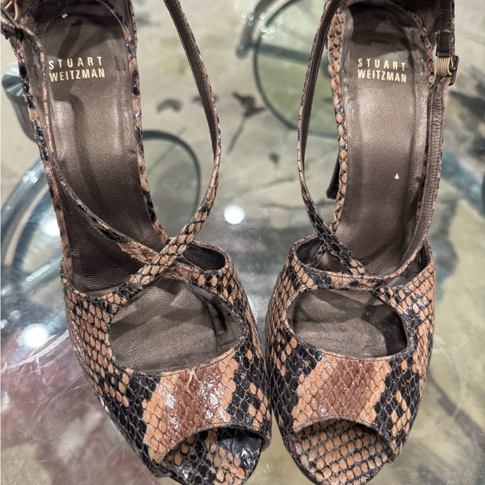 Stuart Weitzman Brown High-Heeled Snakeskin platform Sandals 10